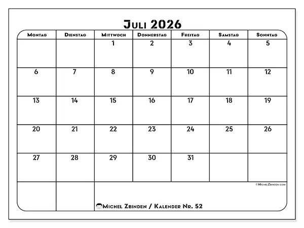 Kalender Juli 2026 zum Ausdrucken - Berufliche Planung
