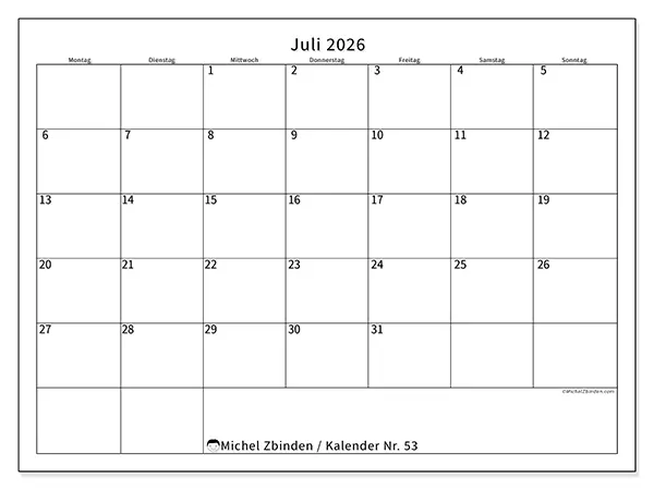 Kalender Juli 2026 zum Ausdrucken - Zeitplan