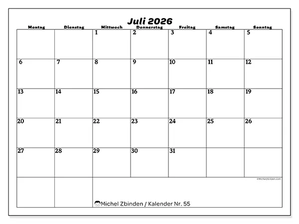 Kalender Juli 2026 zum Ausdrucken - Freizeitorganisation