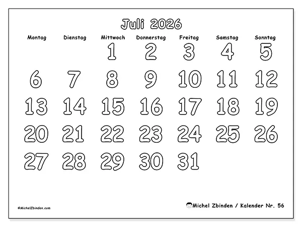 Kalender Juli 2026 zum Ausdrucken - Nützliches Ausmalen