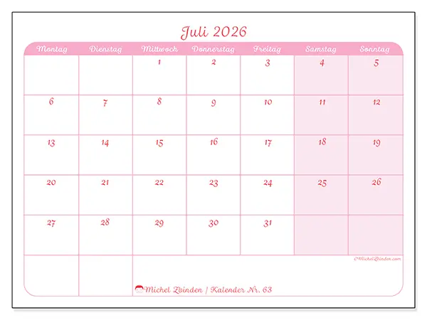 Kalender Juli 2026 zum Ausdrucken - Sanfte Planung