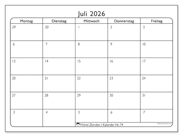 Kalender Juli 2026 zum Ausdrucken - Arbeitswoche