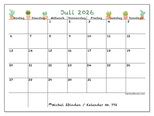 Kalender Juli 2026 zum Ausdrucken - Dekorative Kakteen