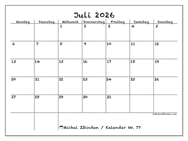 Kalender Juli 2026 zum Ausdrucken - Schule und Familie