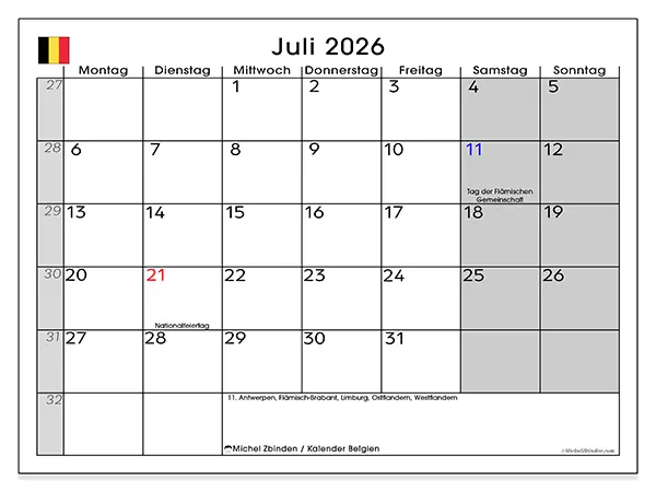 Kalender Juli 2026 zum Ausdrucken - Belgien