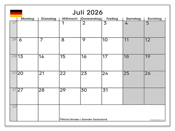 Kalender Juli 2026 zum Ausdrucken - Deutschland