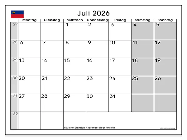 Kalender Juli 2026 zum Ausdrucken - Liechtenstein
