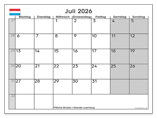 Kalender Juli 2026 zum Ausdrucken - Luxemburg