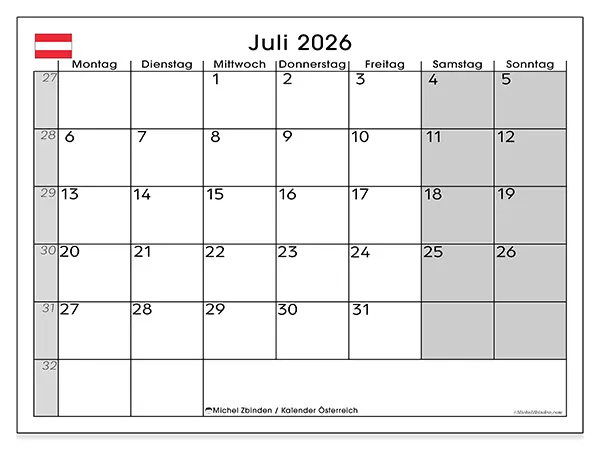 Kalender Juli 2026 zum Ausdrucken - Österreich