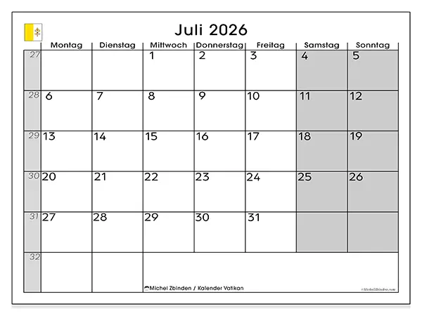 Kalender Juli 2026 zum Ausdrucken - Vatikan