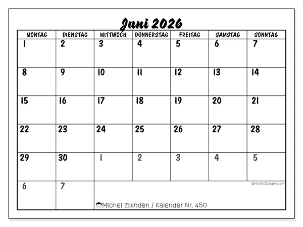 Kalender Juni 2026 zum Ausdrucken - Detaillierte Schulplanung