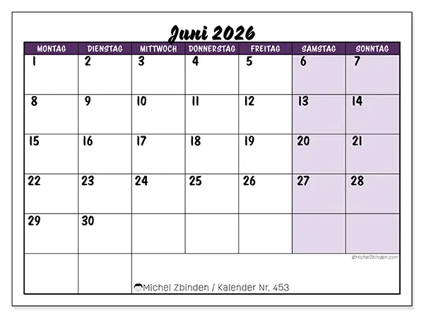 Kalender Juni 2026 zum Ausdrucken - Farbige Lernplanung