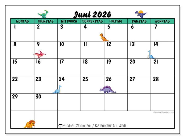 Kalender Juni 2026 zum Ausdrucken - Kleine Dinosaurier