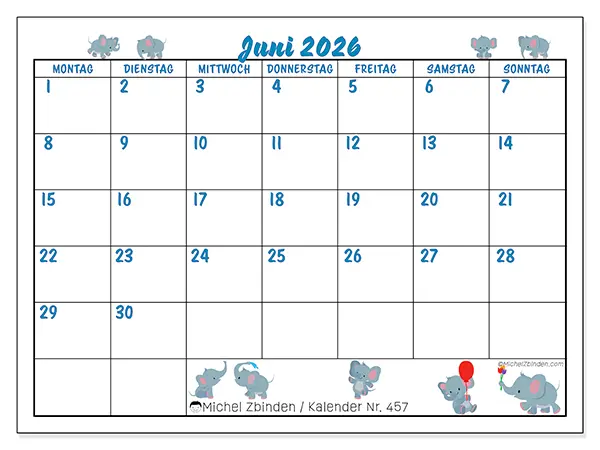 Kalender Juni 2026 zum Ausdrucken - Kleine Elefanten