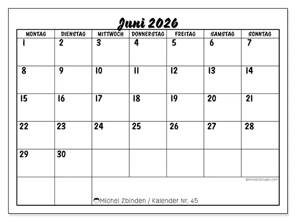 Kalender Juni 2026 zum Ausdrucken - Schulischer Erfolg