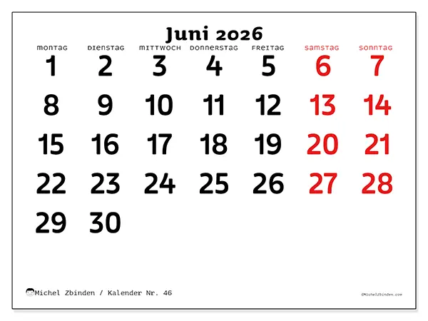 Kalender Juni 2026 zum Ausdrucken - Klare Übersicht