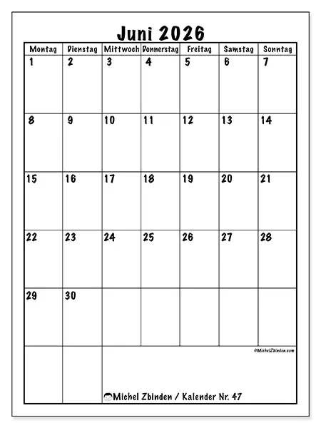 Kalender Juni 2026 zum Ausdrucken - Planung im Hochformat