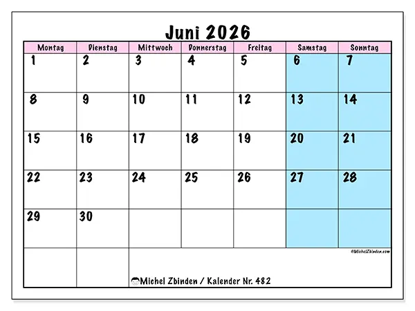 Kalender Juni 2026 zum Ausdrucken - Teamzeitplan