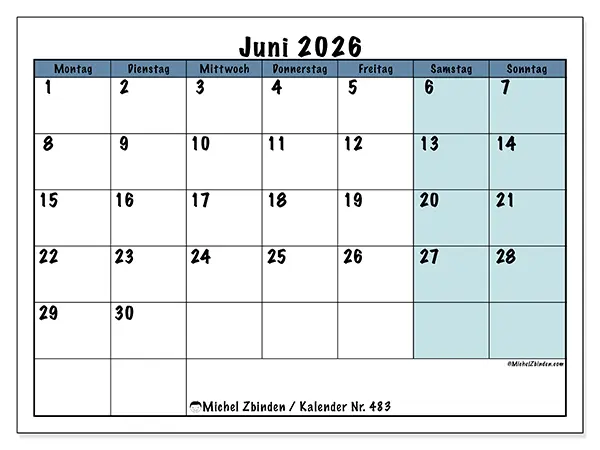 Kalender Juni 2026 zum Ausdrucken - Struktur für die Schule