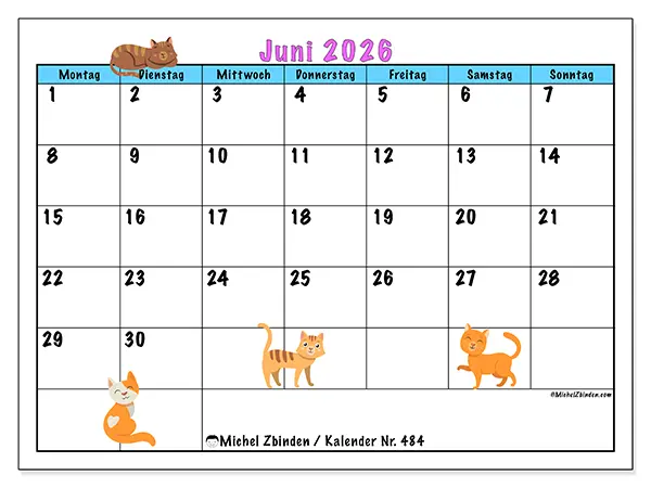 Kalender Juni 2026 zum Ausdrucken - Liebe zu Katzen