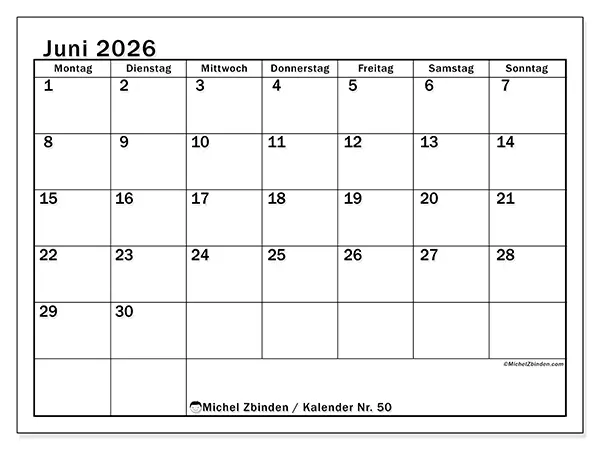 Kalender Juni 2026 zum Ausdrucken - Klassische Planung