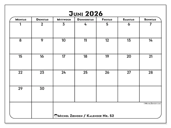 Kalender Juni 2026 zum Ausdrucken - Berufliche Planung