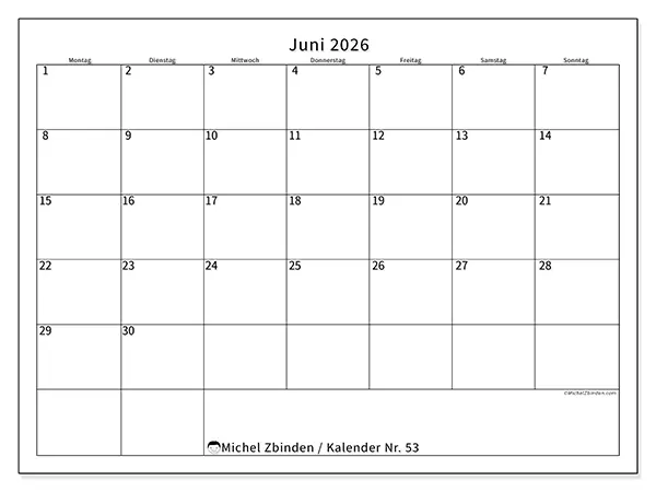 Kalender Juni 2026 zum Ausdrucken - Zeitplan