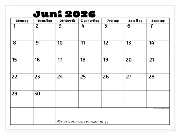 Kalender Juni 2026 zum Ausdrucken - Aktivitäten in der Familie