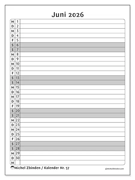 Kalender Juni 2026 zum Ausdrucken - Liste der Aktivitäten