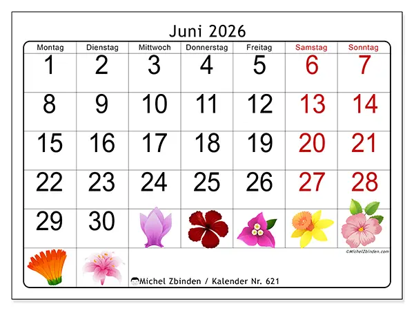 Kalender Juni 2026 zum Ausdrucken - Große Blumen