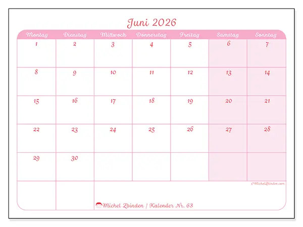 Kalender Juni 2026 zum Ausdrucken - Sanfte Planung