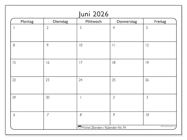 Kalender Juni 2026 zum Ausdrucken - Arbeitswoche