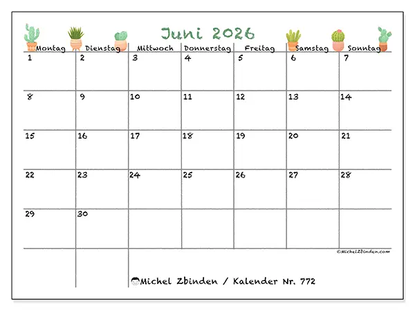 Kalender Juni 2026 zum Ausdrucken - Dekorative Kakteen