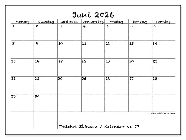 Kalender Juni 2026 zum Ausdrucken - Schule und Familie