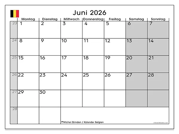 Kalender Juni 2026 zum Ausdrucken - Belgien