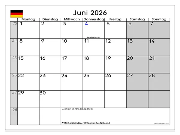 Kalender Juni 2026 zum Ausdrucken - Deutschland