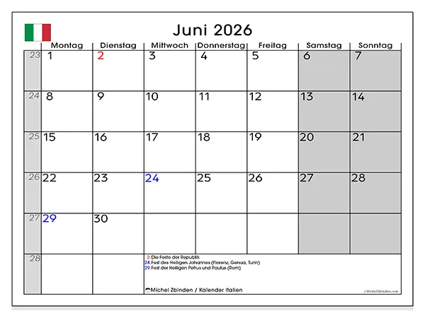 Kalender Juni 2026 zum Ausdrucken - Italien