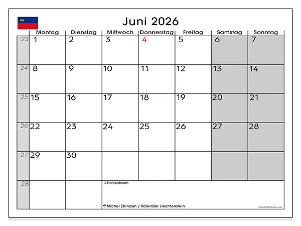 Kalender Juni 2026 zum Ausdrucken - Liechtenstein