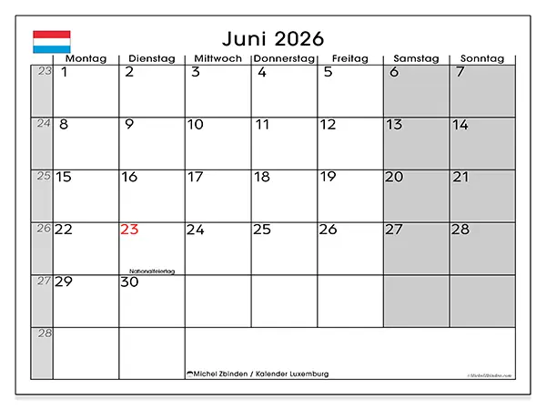 Kalender Juni 2026 zum Ausdrucken - Luxemburg