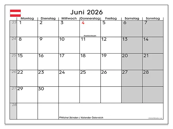 Kalender Juni 2026 zum Ausdrucken - Österreich