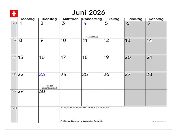 Kalender Juni 2026 zum Ausdrucken - Schweiz