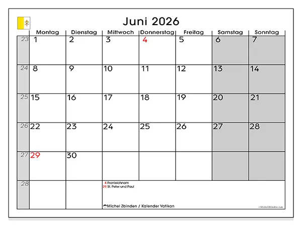 Kalender Juni 2026 zum Ausdrucken - Vatikan