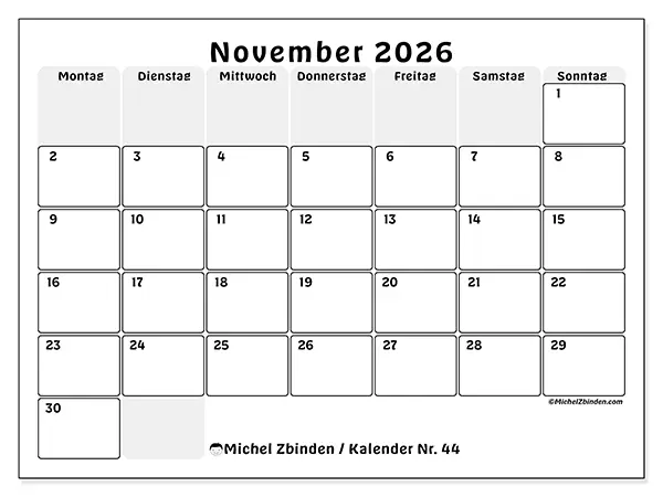 Kalender November 2026 zum Ausdrucken - Strukturierte Planung