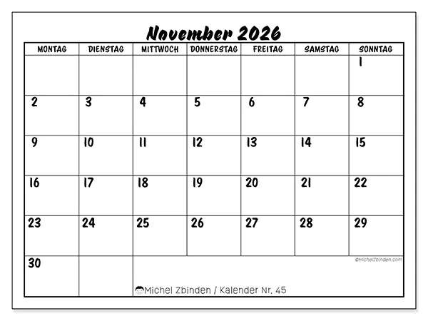 Kalender November 2026 zum Ausdrucken - Schulischer Erfolg
