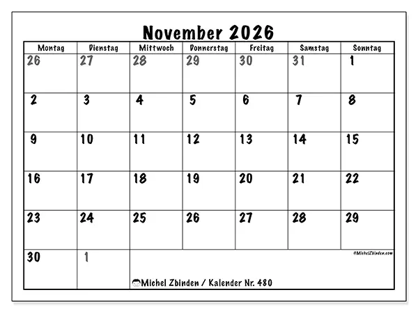 Kalender November 2026 zum Ausdrucken - Vollständige Planung