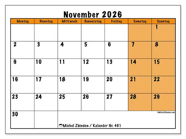 Kalender November 2026 zum Ausdrucken - Dynamische Planung