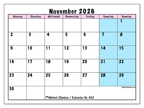 Kalender November 2026 zum Ausdrucken - Teamzeitplan