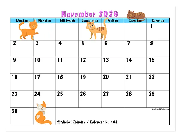 Kalender November 2026 zum Ausdrucken - Liebe zu Katzen