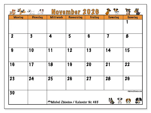 Kalender November 2026 zum Ausdrucken - Begeisterte Hunde