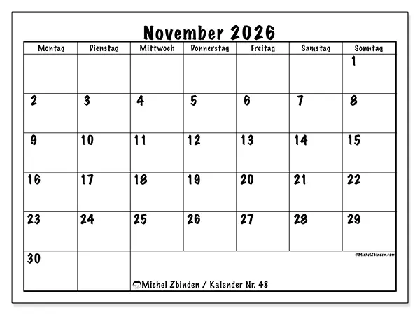 Kalender November 2026 zum Ausdrucken - Alltagsplanung